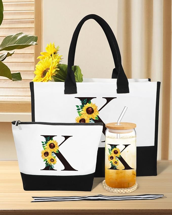 Personalized Gifts for Women, Monogrammed Gifts for Women, Initial Monogram Gifts Sunflower Birthday Gifts for Women Mom Sister Best Friends - Monogrammed Canvas Tote Bag & Makeup Bag & Glass Cup K