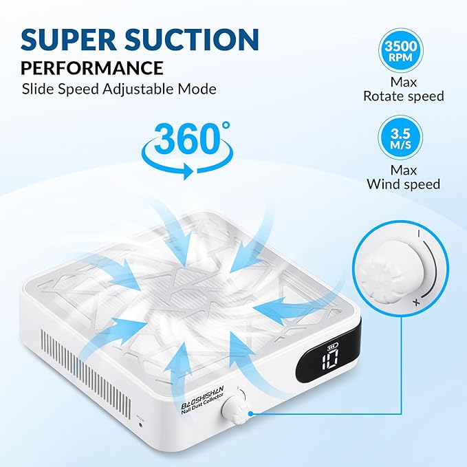 BAOSHISHAN Nail Dust Collector, 50w Rechargeable Nail Vacuum Dust Extractor with 2 Reusable Filters, Low Noise Nail Vacuum Fan for Nail Polishing Home Salon