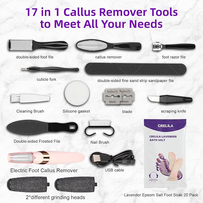 Electric Foot Callus Remover Lavender Foot Soak Salts set Callus Remover Pedicure Set includes 16 in 1 Foot Care Tools Foot File for Dead Skin Professional Pedicure Tools Two Replacement Roller Heads
