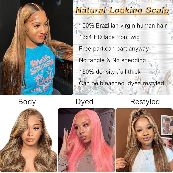 Azkiu 30Inch Highlight Ombre Lace Front Wig Human Hair Pre Plucked 13x4 HD Transparent 4/27 Honey Blonde lace frontal Wigs with Baby Hair 180% Density Colored Straight Lace Front wig Human Hair
