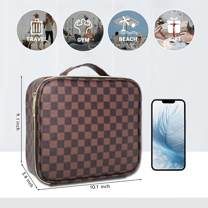 Checkered Makeup Bag, Portable Makeup Bag with Adjustable Partition, Cosmetic Bags for Women Toiletry Travel Organizer Portable Make Up Bags for Christmas Birthday Gifts