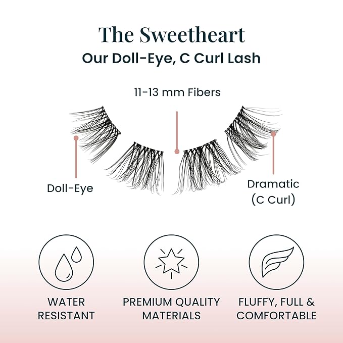 Sweetheart Doll-Eyed Lash Clusters for Women, Salon Quality At Home Eyelashes Extension Kit, 6 Lash Sets, No Lash Glue Included