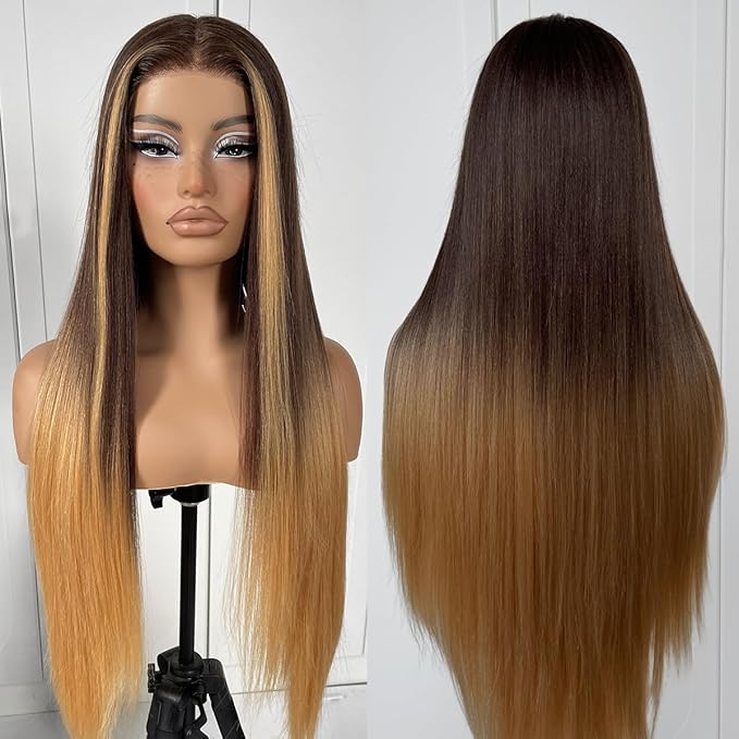 32inch Ombre Lace Front Wig pre plucked, Glueless Highlight Ombre Long Straight Lace Front Wigs Synthetic Highlight HD Lace Front Wig 1B/30/27