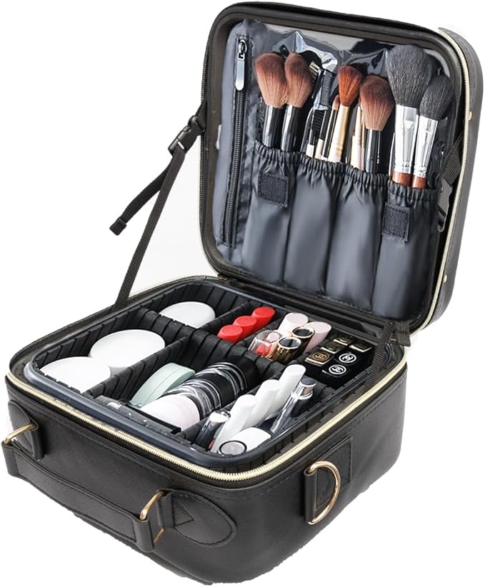 Travel Makeup Bag with LED Lighted，Make up Case with Mirror 3 Color Setting Cosmetic Makeup Box Organizer Vanity Case with Adjustable Dividers Makeup Brushes for Women Beauty Tools Accessories.