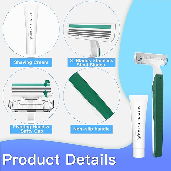 50 Pack 3 Blades Shave Razor kit in Bulk Pivoting Head with Protective Guard 15g Cream Individually Wrapped Paper Bag for Hotel,Airbnb, Homeless,Shelter Camping Travel On The Go