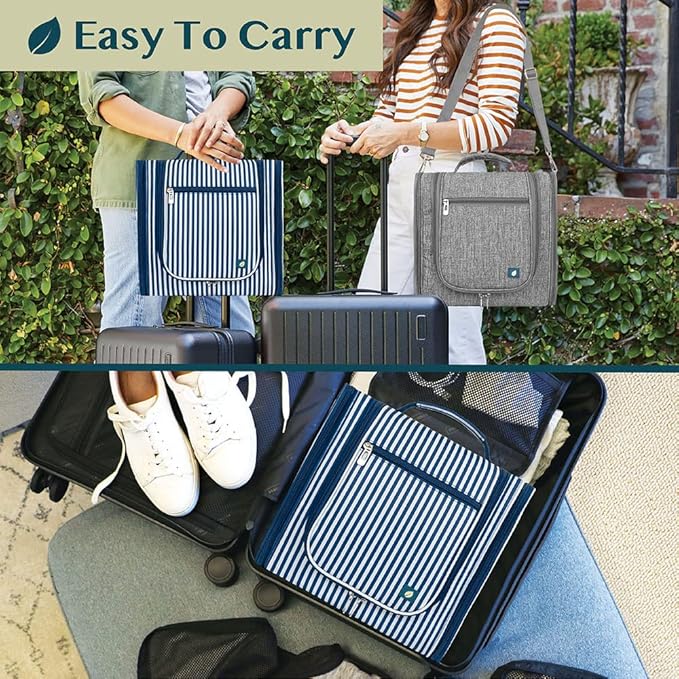 PAVILIA Extra Large Toiletry Bag Travel Bag for Women Men, Hanging Cosmetic Organizer, Water Resistant Makeup Bag for Accessories Toiletries, Travel Essentials Kit (Stripe Navy)