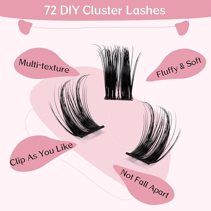 Cluster Lashes, 72 Pcs Individual Lashes, Lash Clusters DIY Eyelash Extension, Super Thin Band Reusable Soft & Comfortable (Deceive-D-16mm)