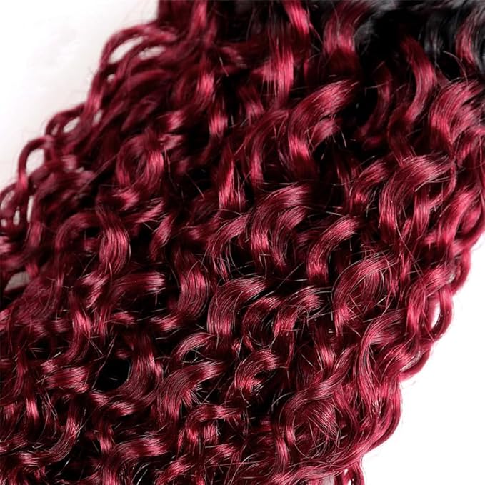 Ombre 1B99J Deep Curly Weave Bundles Human Hair Burgundy Curly Hair Bundles Black to Burgundy Human Hair two tone Brazilian Weave Wet and Wavy for Woman 16-20 Inch