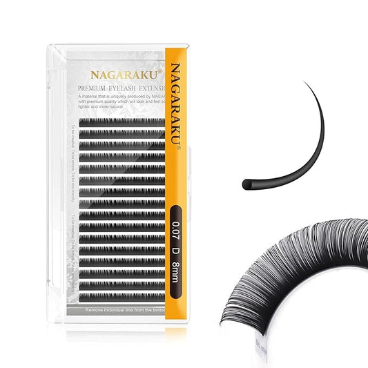 NAGARAKU Eyelash Extensions Individual Lashes 0.07mm D curl 8mm Classic Super Matte Black Soft Natural Faux Mink 16 rows Stable curl