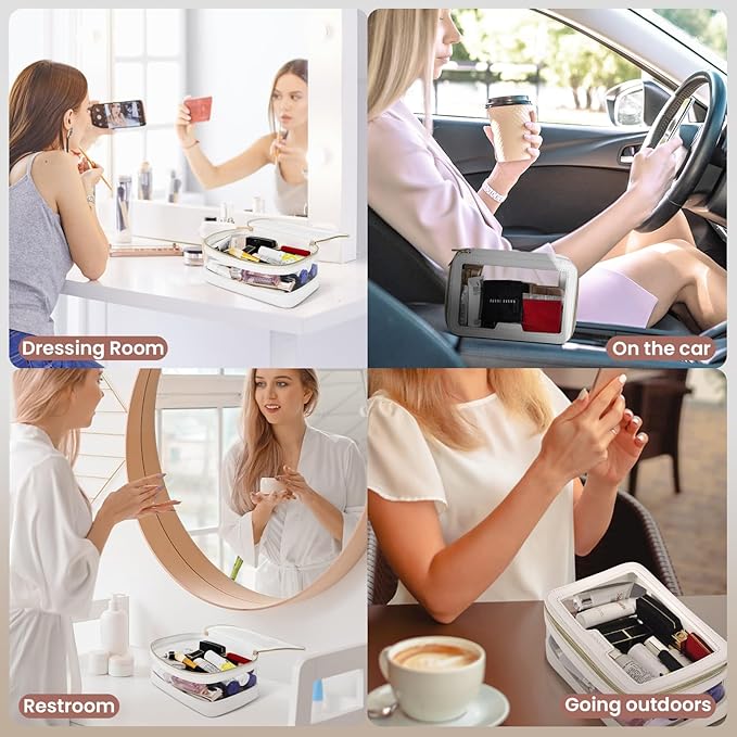 Clear Makeup Bag, Travel Clear Cosmetic Bag and Makeup Brush Bag, Transparent Portable Makeup Case, Waterproof Toiletry Bag with Zipper for Women, White