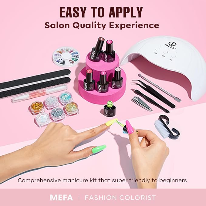 MEFA Gel Nail Polish Kit with UV Light, Electric Nail Drill with 6PCS Drill Bits and Cuticle Oil Pen, 32 Colors All Seasons Soak Off Gel Polish Set with Matte/Glossy Base Top Coat