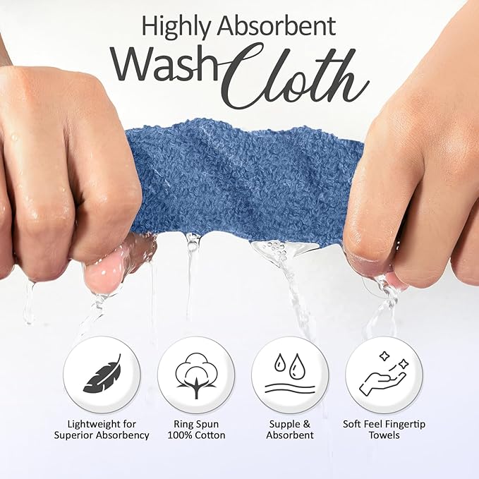 Oakias 100% Cotton Wash Cloths 24 Pack Blue - 12 x 12 Inches Ring Spun Cotton Facial Towels - Highly Absorbent Quick Dry Spa Towels - Bulk Washcloths Ideal for Scrubbing and Cleaning