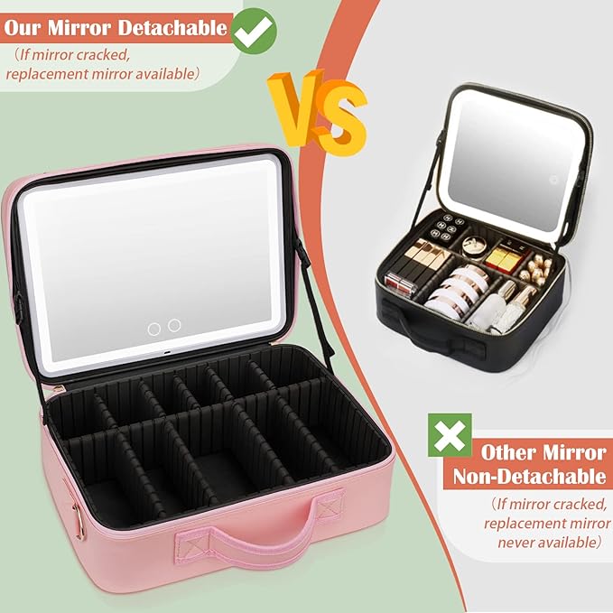 Plus Size Travel Makeup Bag with Large Lighted Mirror, Makeup Cosmetic Train Case with Detachable Mirror and Light Waterproof Artist Organizer with Adjustable Dividers Gift for Women (Pink)