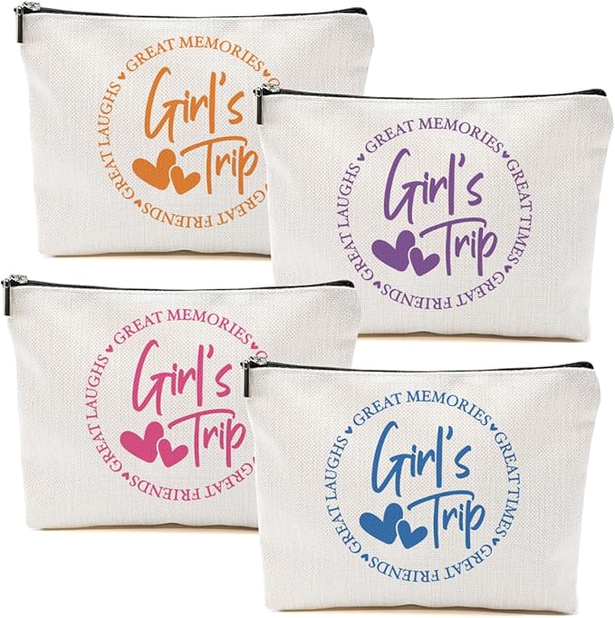 4Pcs Girls Trip Gifts Favors, Girls Weekend Gifts Makeup Bag, Bestie Gifts Weekend Bag Vacation 2025 Cosmetic Bag, Friendship Gifts for Women Friend Coworker, Graduation Wedding Gifts Toiletry Bag
