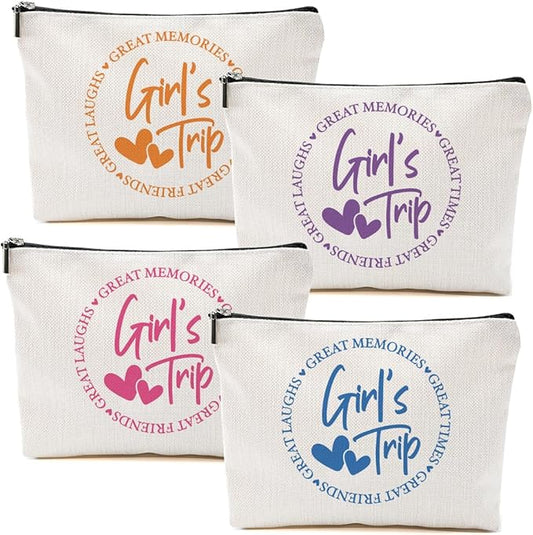 4Pcs Girls Trip Gifts Favors, Girls Weekend Gifts Makeup Bag, Bestie Gifts Weekend Bag Vacation 2025 Cosmetic Bag, Friendship Gifts for Women Friend Coworker, Graduation Wedding Gifts Toiletry Bag