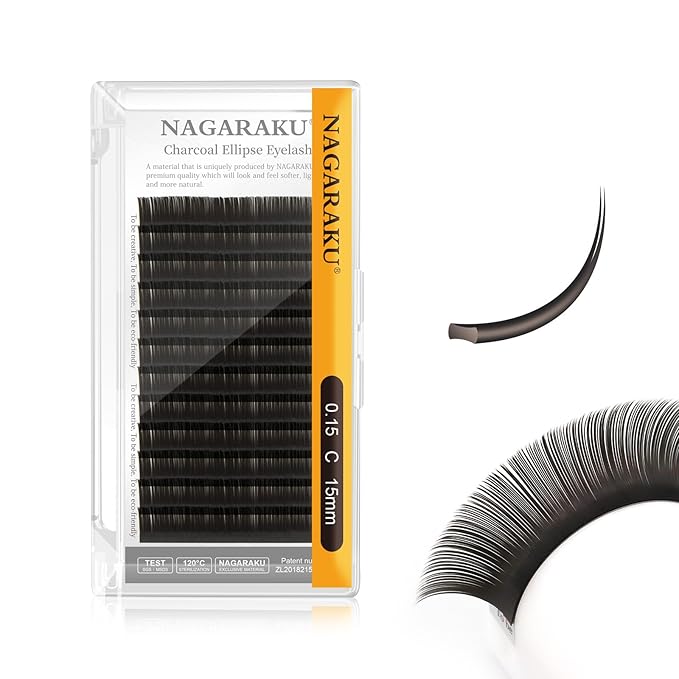 NAGARAKU Double Tips Flat Ellipse Eyelash Extensions Supplies 0.15 C curl 15mm Natural Charcoal Color Faux Mink Super Soft Split Tips Lash Individual Lashes
