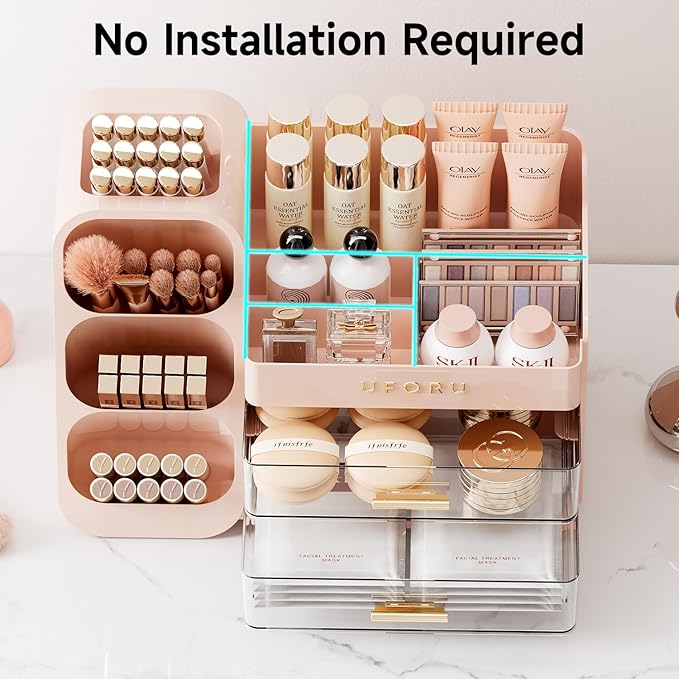Makeup Organizer for Vanity, Countertop Organizer With Drawers, Spacious Cosmetic Display Case for Beauty Essential, Skincare, Lipstick, Pink