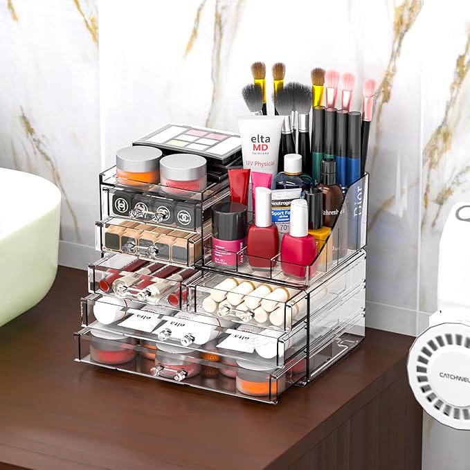 Cq acrylic Make Up Organizers for Vanity With 6 Drawers, 2 Pack Clear Drawer Organizers,Plastic Cute Desk Accessories Organization and Bathroom Organizers Storage Case Box Cube for Beauty,Skin Care
