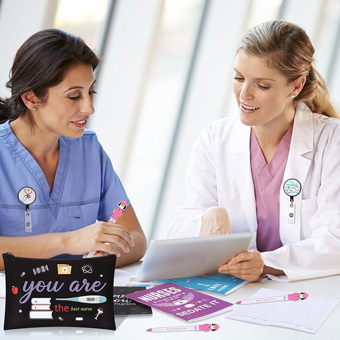 Yeaqee 48 Pcs Nurse Week Gifts 2025 Nurse Appreciation Gifts Set Include Makeup Cosmetic Bag Pocket Journal Notebooks Ballpoint Pens Badge Reel for Nursing Students Supplies(Black,Nursing)