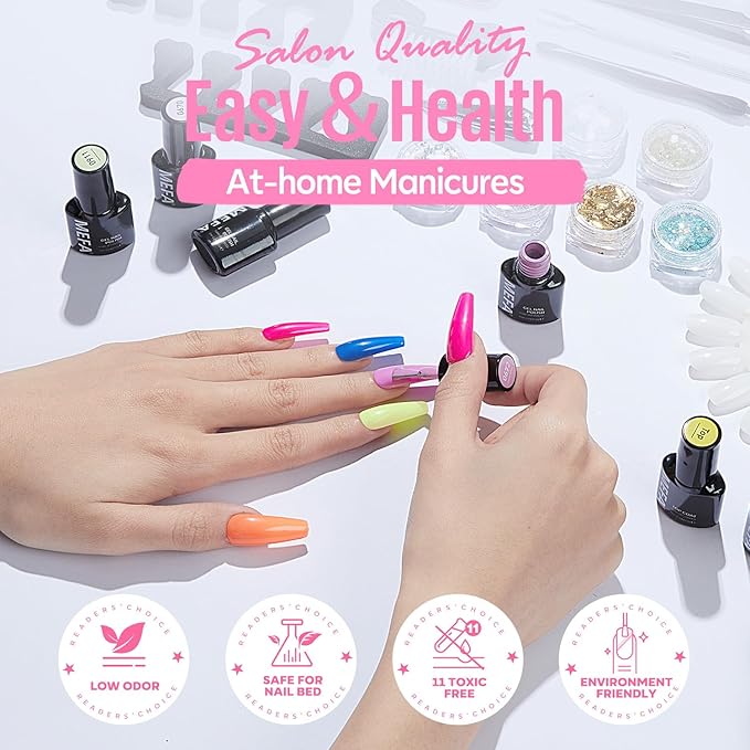 MEFA 32 Colors Gel Nail Polish Kit with U V Light, Spring Bright Pastel 54Pcs Pink Gel Polish Nail Set with Matte/Glossy Base Top Coat Essential Manicure Tools Nails Art Decorations Women Gifts