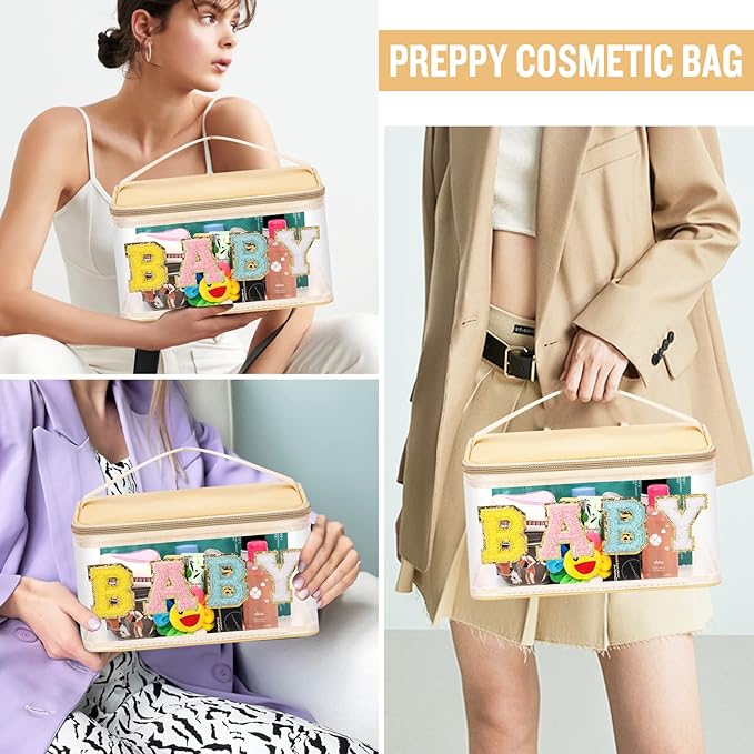 Chenille Letter Clear Makeup Bags Baby Pouch, Preppy Patch Makeup Bag Zipper with Handle, Transparent PVC & Nylon Waterproof Glitter Cosmetic Handbag Travel Toiletry Storage for Women Girl(BABY-Beige)