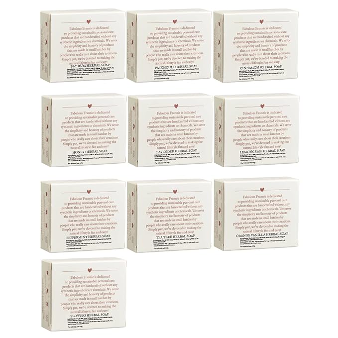Fabulous Frannie Natural Herbal Soap Bar Gift Set Bay Rum, Cinnamon, Flowers, Honey, Lavender, Lemongrass, Orange Vanilla, Patchouli, Peppermint, Tea Tree pure essential oils 4 Ounce (Pack of 10)