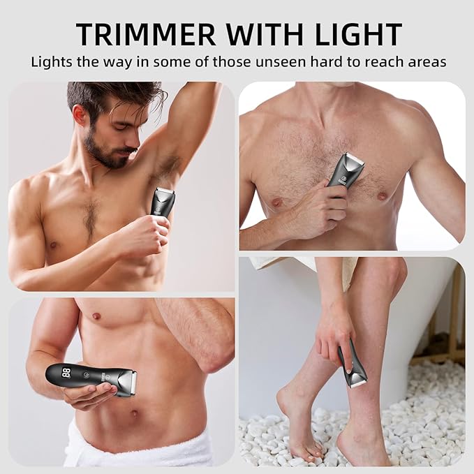 Men Body Hair Trimmers,Electric LCD Battery Indicator Safe Blade Waterproof Groin Hair Shavers Male Painless Wet and Dry Quiet Hygiene Razor with Standing Charging SMT033 Black