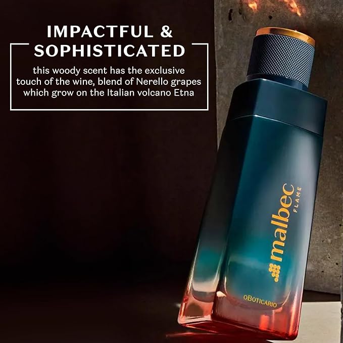 Malbec Flame Eau De Toilette by O Boticário, Cologne For Men, French Oak Barrel-Aged Red Wine & Woody Nerello Grape Scent, 3.4 Ounce