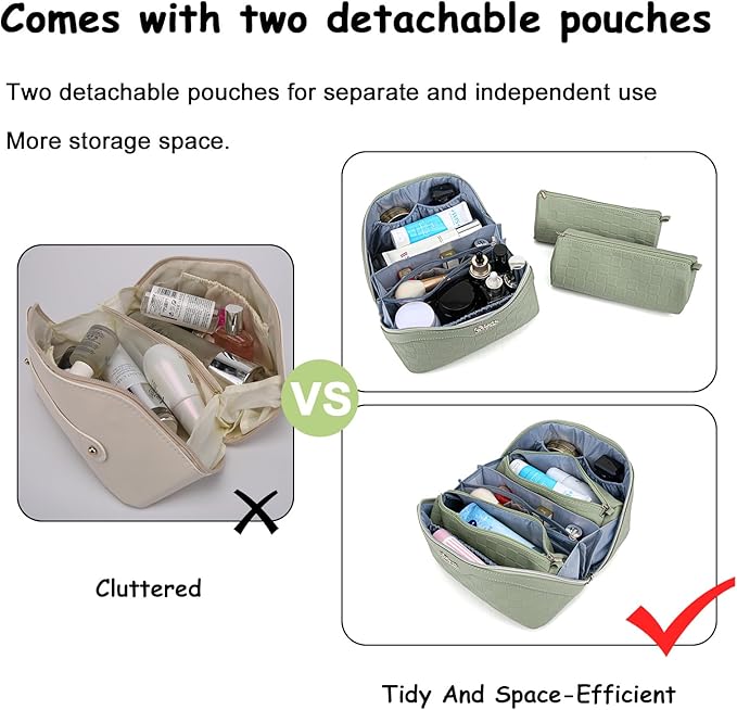 BOYATU Travel Makeup Bag Organizer Cosmetic Bag: 3 Pcs Set Make up Bags for Women with Handle - Waterproof Vegan Leather Toiletry Bags with Comparments (Green)