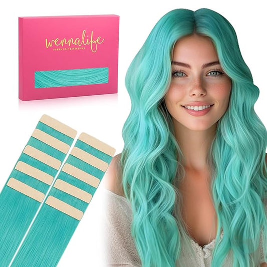 WENNALIFE Tape in Hair Extensions Human Hair Teal Green Tape in Extensions, 10pcs 20g 10 inch Remy Invisible Tape Ins Straight Colored Soft Real Human Hair Tape in Extensions Refill Set Extensions