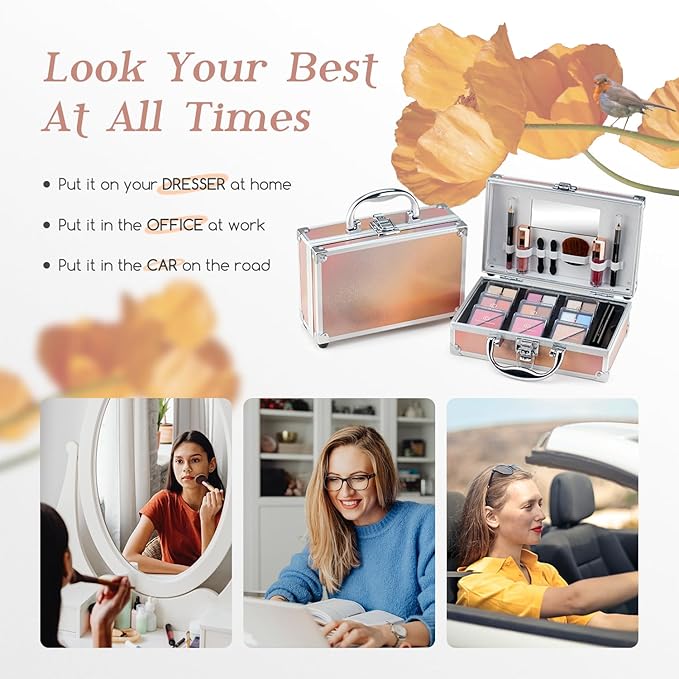 Color Nymph Beginner Makeup Kits For Teens With Train Case Included Full Makeup Kit Eyeshadow Palette Blushes Bronzer Highlighter Lipstick Brushes Mirror（Gold）