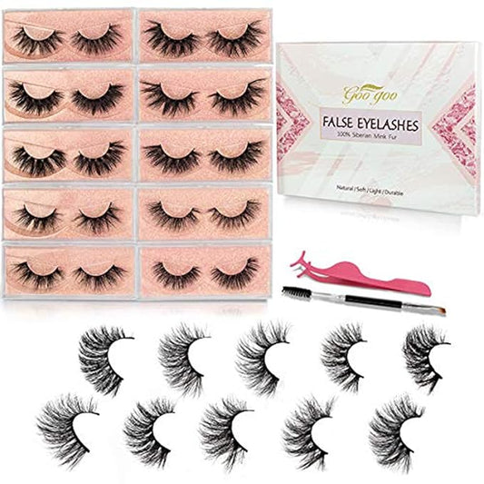 GOO GOO Mink Eyelashes, Daily Type 3D Mink Eyelashes 16mm to 20mm 10 Styles Multipack Natural Layered Effect, Hand Made Strips Fake Eyelashes 100% Real Siberian Luxury Reusable False Eyelashes