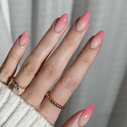 Modelones Pink Ombre Press on Nails Almond, Spring Easter Short Fake Nails, Nail Kit with Nail Glue Adhesive Tabs Mini Nail File, Nails Press Ons 32Pcs 16 Sizes, Women Girl Gift