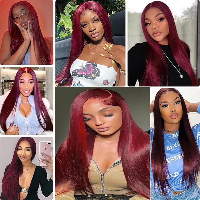 Color 99j Straight Bundles Human Hair Burgundy Straight Bundles Wine Red Brazilian Human Hair Weave Extensions Soft and Silky for Black Women 20 22 24 Inch