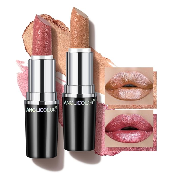 2pcs Glitter Lipstick High Impact Lipcolor - Pink and Nude Moisturizing Creamy Formula, Metallic Full-Coverage Lip Color for Women - Vegan & Cruelty-Free