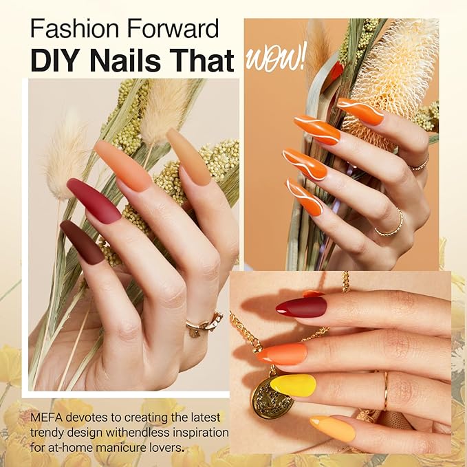 MEFA 6 Colors Gel Nail Polish Set, Shades Orange Red Brown Glitter Yellow Soak Off Gel Polish Spring Summer Tones Nail Art Design Salon Home Manicure Kit Gifts