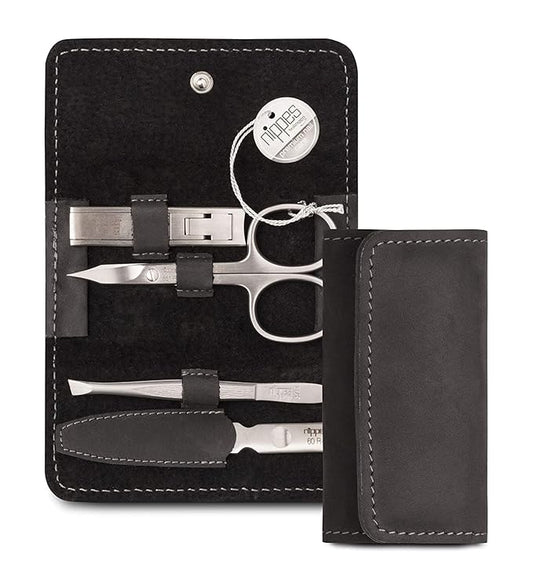 nippes Solingen Premium Line Tabard Manicure Set, 4 Pieces, Black, Stainless Steel, Nickel and Rustproof, Cowhide Nail Case, Nail Care Set, Made in Germany