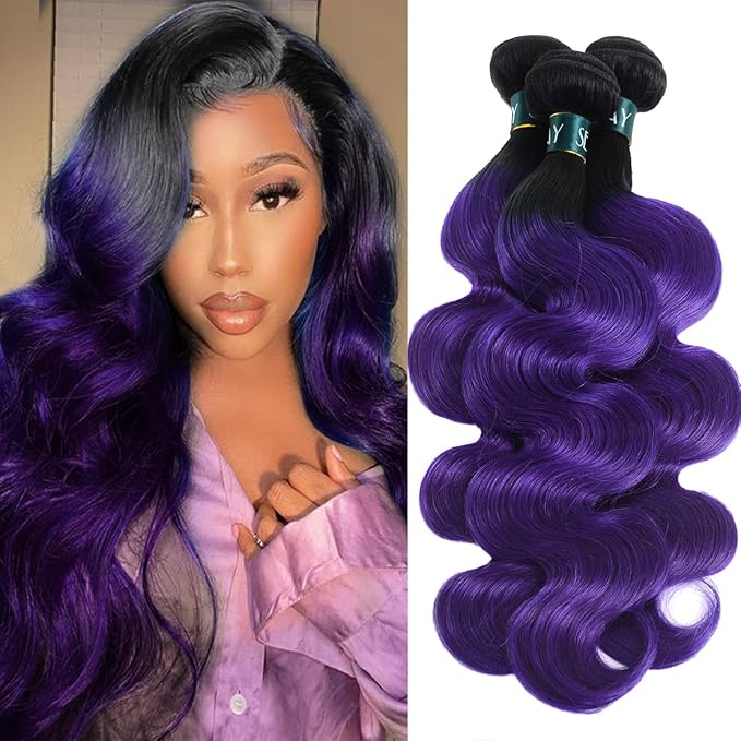 Purple Bundles Body Wave Human Hair Purple Weave 3 Bundles Virgin Hair, Brazilian Remy Hair Ombre 1b/Purple 2 Tone Ombre Hair Wavy For Women(182022)