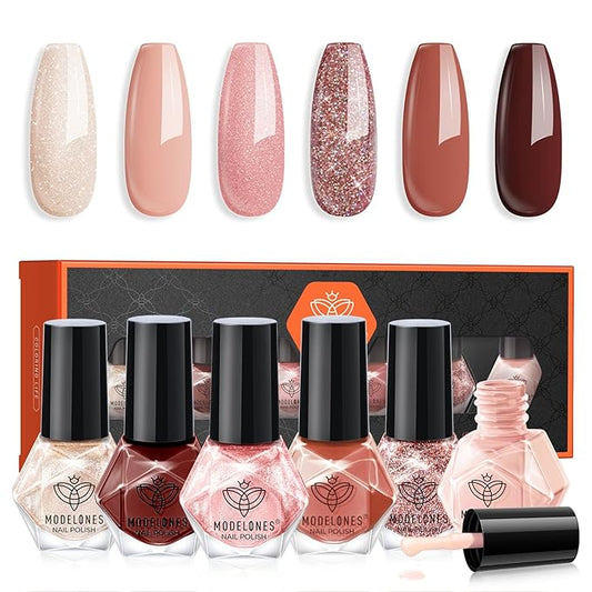 modelones Nail Polish Set 6 Colors, White Brown Nude Burgundy Pink Quick Dry Mini Nail Lacquer Kit, Glitter Shimmer Sparkle Red Nail Art, DIY Home Salon Manicure Gift for Women Girl