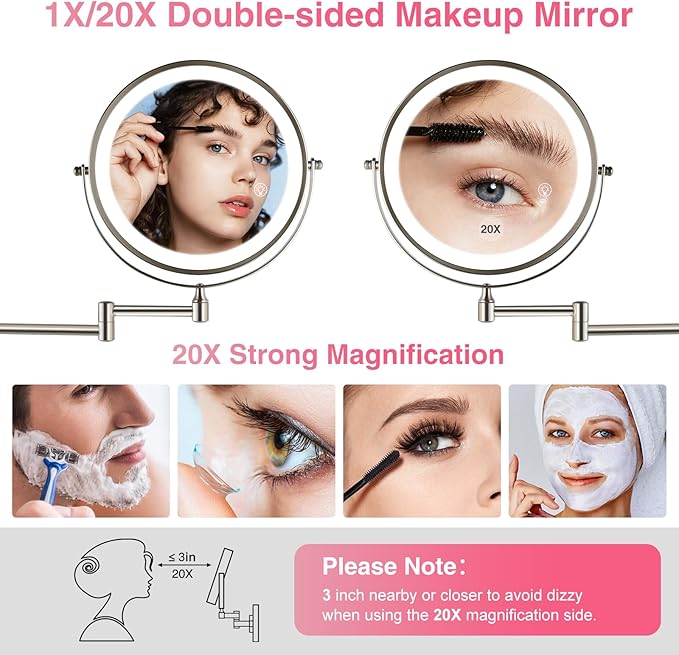 8.5 Inch Magnifying Mirror with Lights, Wall Mounted Makeup Mirror, Dual-Sided 1X/20X, Bright LED Lighting, Space-Saving Design for Bathroom & Vanity, Brushed Nickel