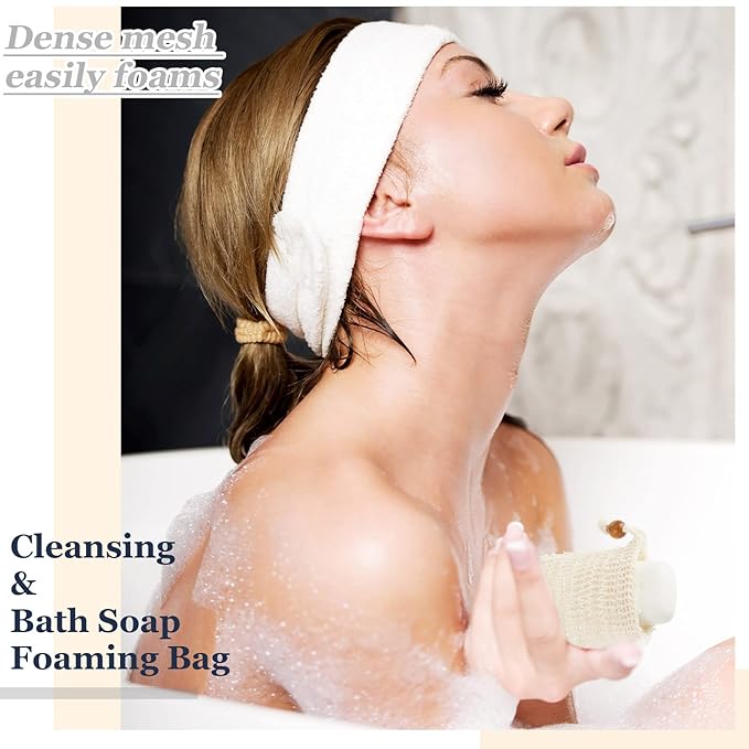 Cunhill 60 Pack Soap Saver Bag Exfoliating Sisal Soap Pouch with Drawstring Bar Wooden Bead Foaming and Drying Exfoliating Net for Bath and Shower