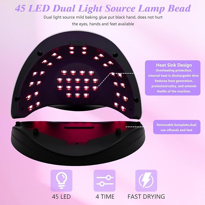 VINCAOR UV Light for Gel Nails, 180W Nail Dryer UV Gel Lamp, Nail Polish Light with 4 Timer Settings, 45 Beads, Polish Curing UV LED Dryer with Automatic Sensor（Purple Light
