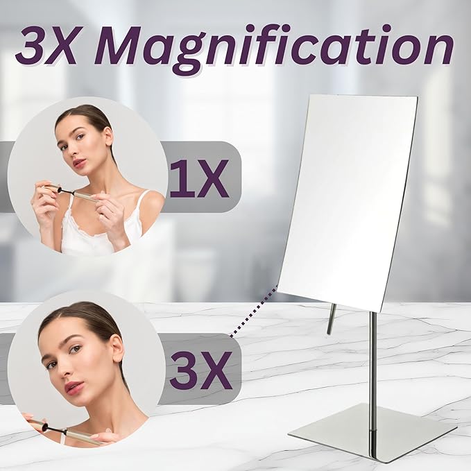 JERDON Rectangular Tabletop Makeup Mirror - 3X Magnification with Polished Stainless Steel Finish - 5-inch by 8-inch Vanity Mirror – Pivot Adjustment - Model JP358C