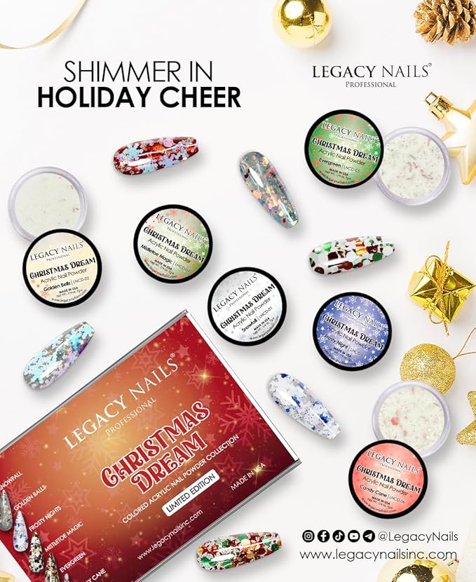 Legacy Nail Acrylic Powder Collections - 6 Colors Professional Nail Art Powder Set Manicure DIY for Dip & Acrylic Nail Extensions (CHRISTMAS DREAM COLLECTION)