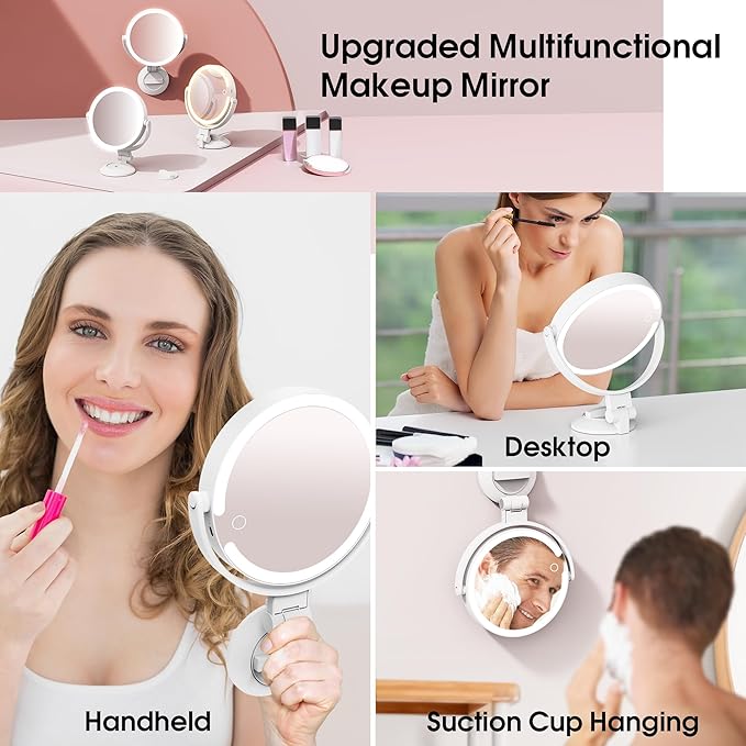 10X/1X Makeup Mirror with Lights and Magnification, 7.1” Wall Mounted Desktop Double-sided Magnifying Mirror with Suction Cup, 360°Swivel Rechargeable Travel Vanity Mirror with 3 Colors & Dimmable