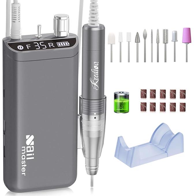 Kredioo Nail Drill, Nail Drills for Professional Acrylic Nails 35000RPM Rechargeable Portable Electric File Drill Machine with 10 Bits Set Quickly Remove Gel Polish Salon Quality Manicure-Grey