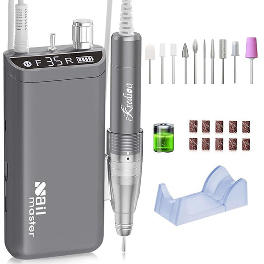 Kredioo Nail Drill, Nail Drills for Professional Acrylic Nails 35000RPM Rechargeable Portable Electric File Drill Machine with 10 Bits Set Quickly Remove Gel Polish Salon Quality Manicure-Grey