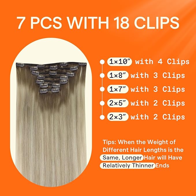 Full Shine Blonde Balayage Hair Extensions Clip in Human Hair Light Ash Brown to Double Weft Ombre Blonde Clip in Human Hair Extensions 18 Inch 7 Pcs 120 G