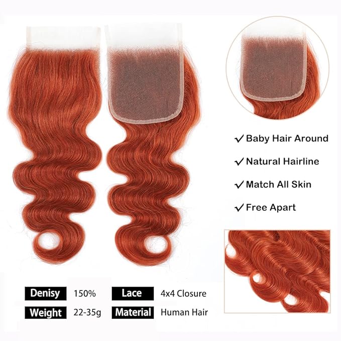 REMY HAIR Body Wave Orange Color Bundles Human Hair Bundles with 4?4 Lace Closure 100% Human Hair Natural Wave Bundles Brazilian Virgin Hair Extensions #350 Ginger Color 10 12 14 Inch with Closure 10