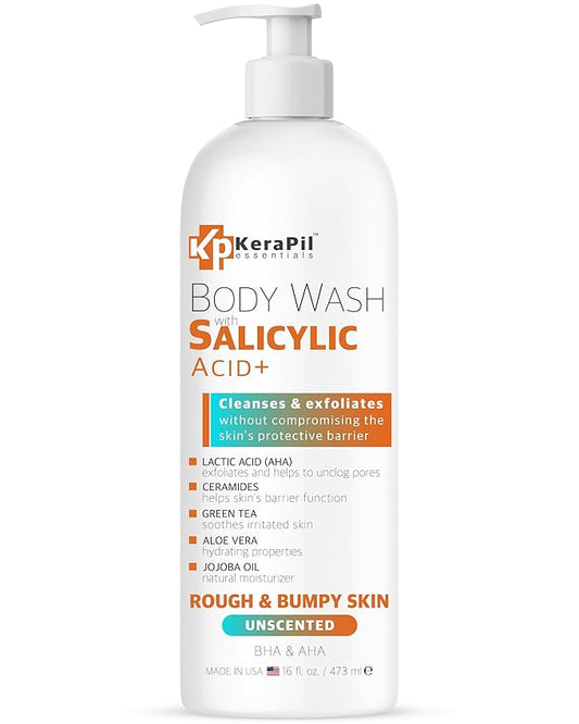 Exfoliating Body Wash With Salicylic Acid - Gentle Exfoliates Rough and Bumpy Skin, KP and Acne, with BHA & AHA - Unscented Body Wash, Made in USA - (16 fl oz)